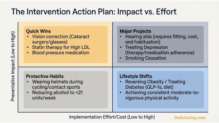 A chart addressing modifiable risk factors for dementia, and what aging adults should focus on for quick wins.