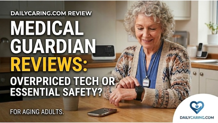 A woman wearing a medical alert system for a piece on medical guardian reviews.