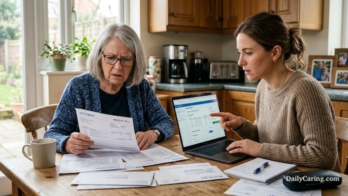 A middle age woman sitting down at a kitchen table to discuss the Medicare Part D changes with her aging mother.