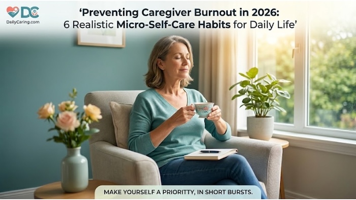 A middle aged caregiver practicing a micro self-care moment for preventing caregiver burnout.