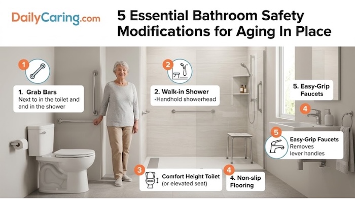 Image of a woman in a bathroom that has undergone essential safety modifications to support aging in place for older adults.