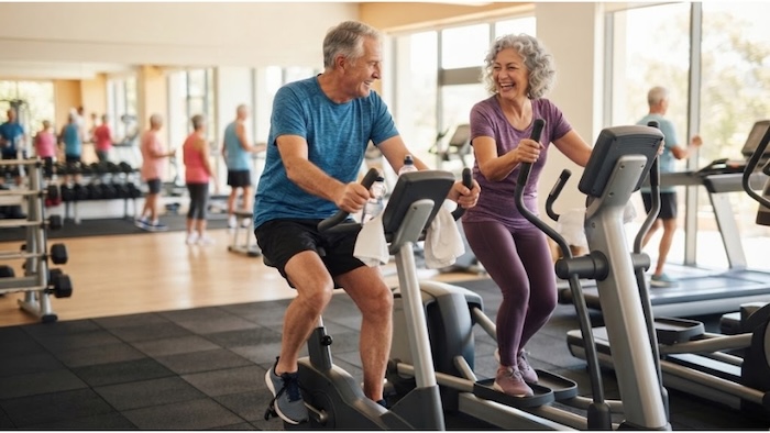 An elderly couple enjoying a workout while taking advantage of their free gym membership for seniors through a Medicare Advantage health plan.
