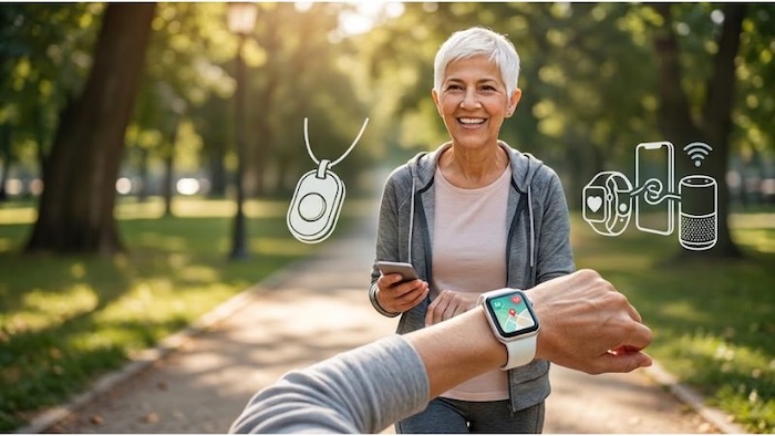 A woman wearing a modern medical alert system as she walks through the park.