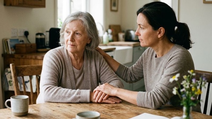 An elderly woman and her daughter sit down at the kitchen table to discuss the latest headline suggesting that dementia cases projected to double by 2050 if we don't take steps to get things under control.