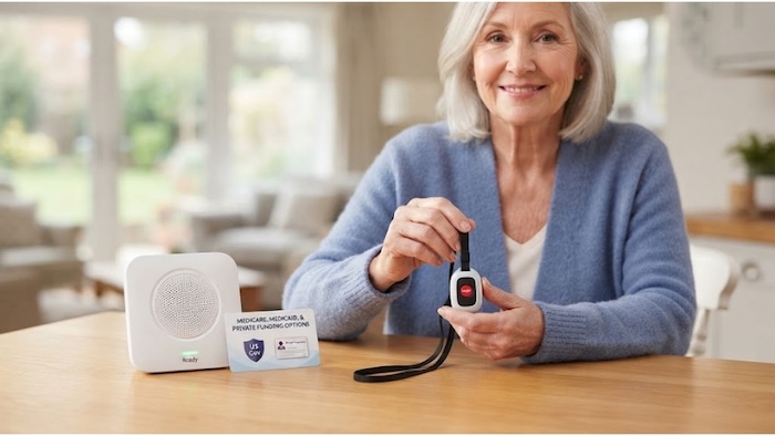 A woman holding up a medical alert pendant after discovering how to pay for medical alert systems.